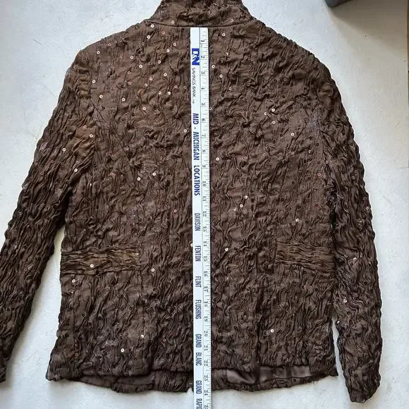 Bronze Textured Crinkle Jacket Petite Large Fall Chic Metallic Sequin Statement - Picture 13 of 13